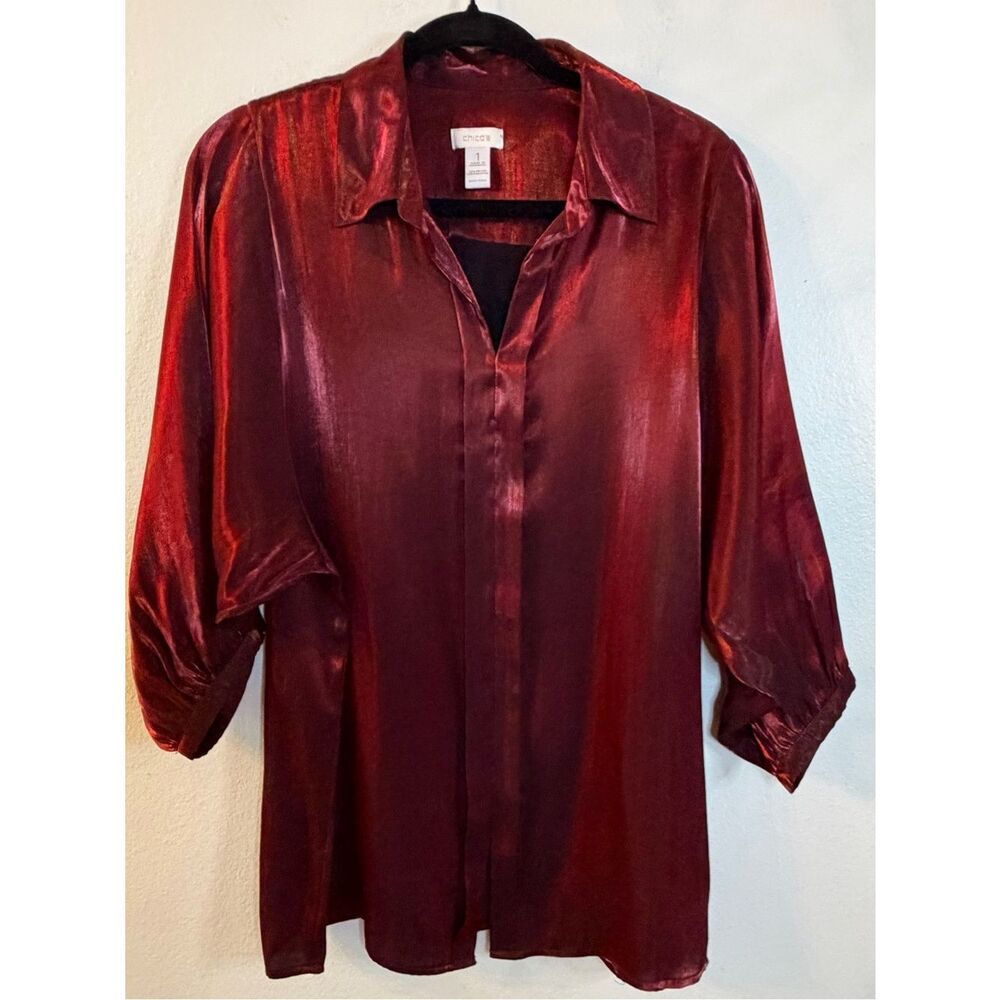 Chico’s Blouse Burgundy Sateen 3/4 Balloon Sleeves Popover Size 1 (medium 8)